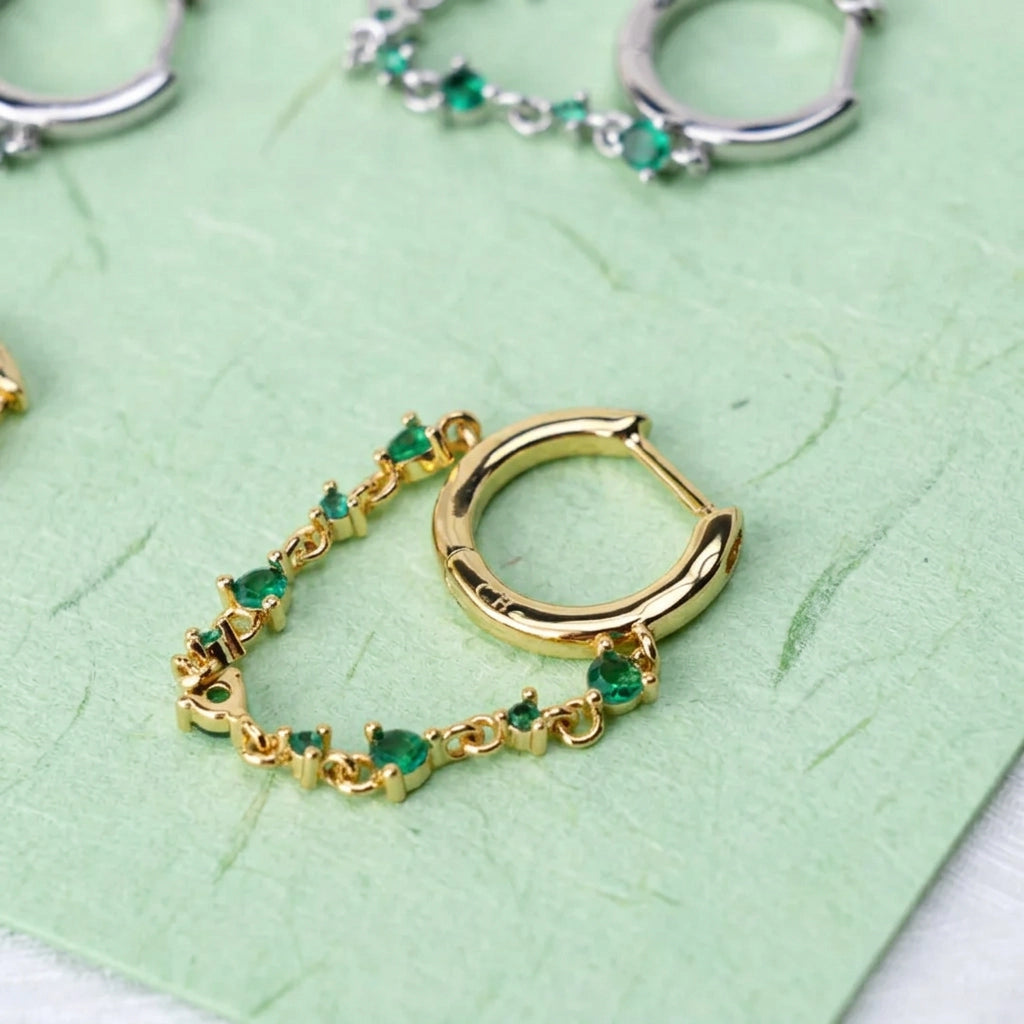 Livia Green Emerald Dangling Chain Hoop Earring