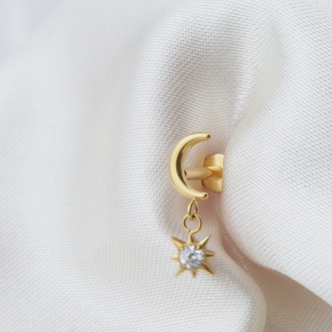 Load video: Titanium Everly Crescent Moon &amp; Sun Dangling Piercing Stud